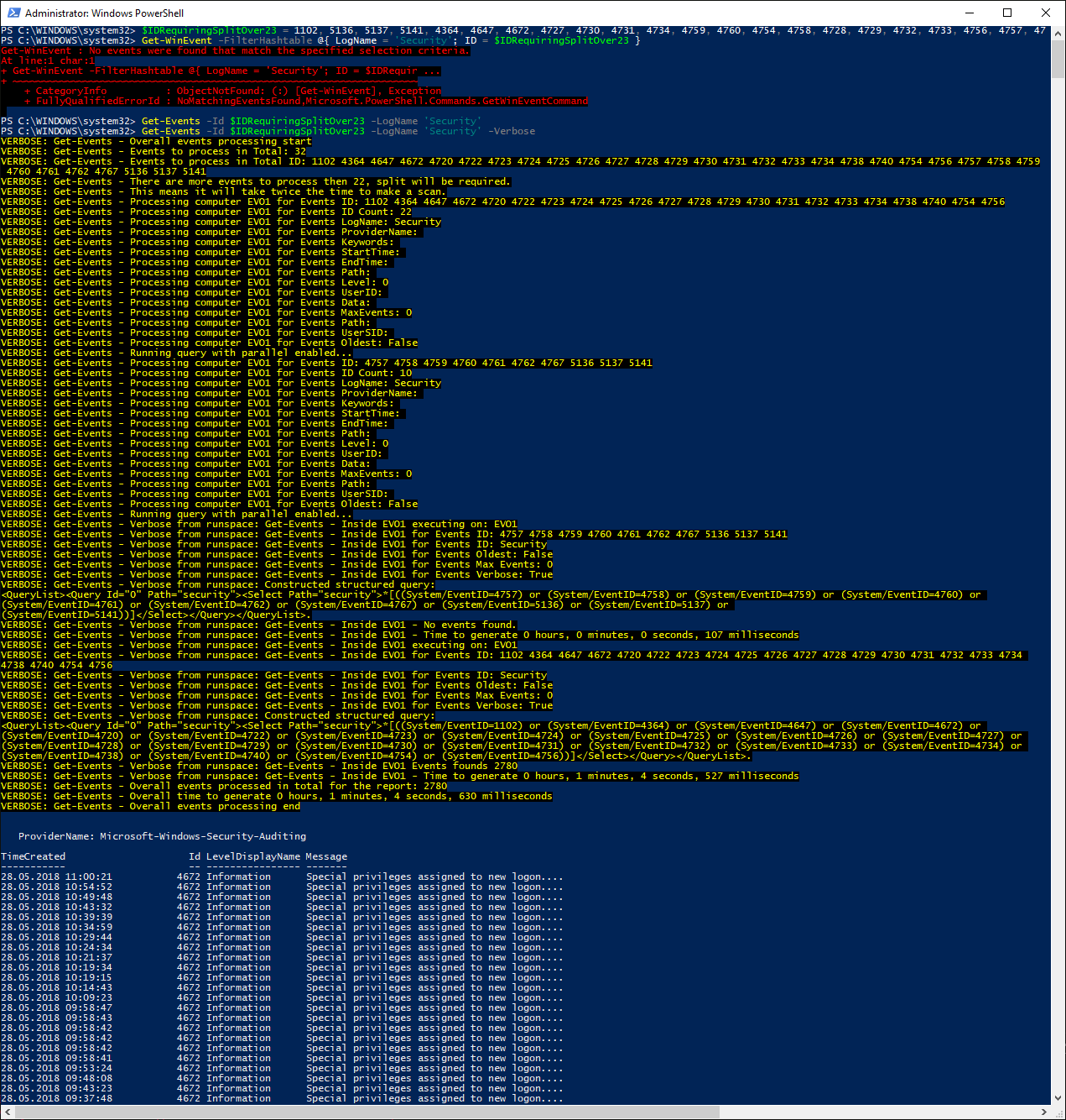 Verbose Get-Events output showing event IDs split into parallel query batches