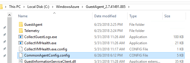 Azure Guest Agent version folder showing where CommonAgentConfig.config can be edited