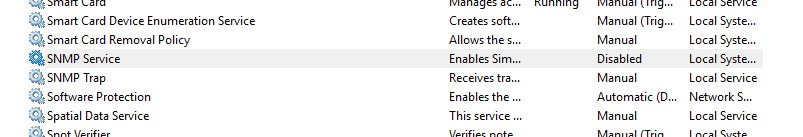 Services console with SNMP Service disabled