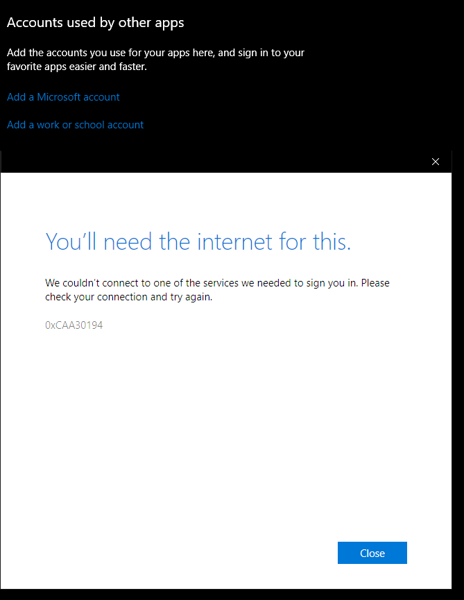 Windows sign-in error showing code 0xCAA30194 with the same internet connectivity prompt.