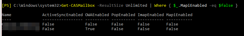 PowerShell output checking Exchange mailboxes for users with MAPI disabled