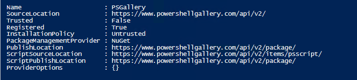Get-PSRepository output showing PSGallery repository details including its current installation policy.