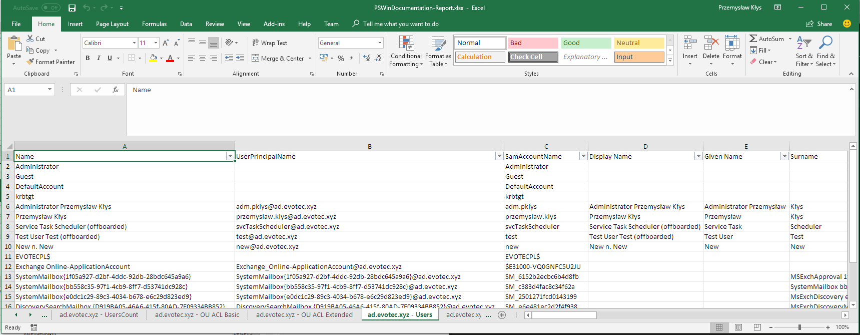 PSWinDocumentation Excel export showing a worksheet with all Active Directory users.