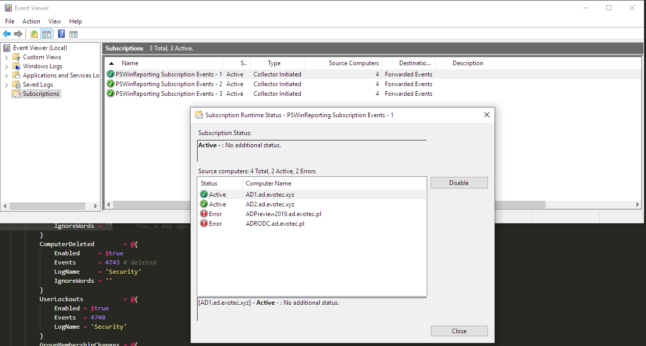 Runtime status window for a Windows Event Forwarding subscription