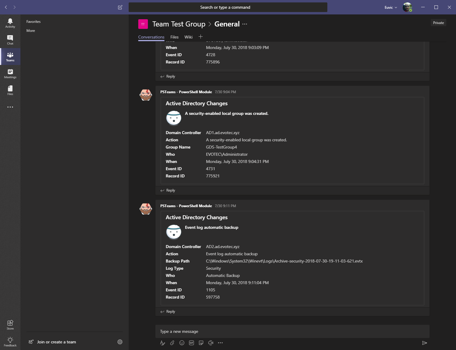 Live Active Directory event notification sent to Microsoft Teams by PSWinReporting