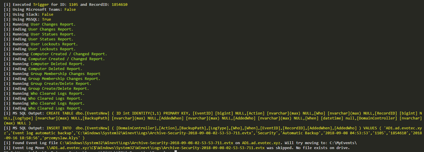 SQL script output showing automatic table creation and first insert