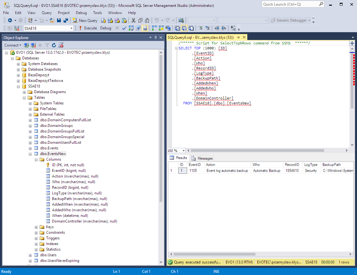 Microsoft SQL table after PSWinReporting inserted the first event row