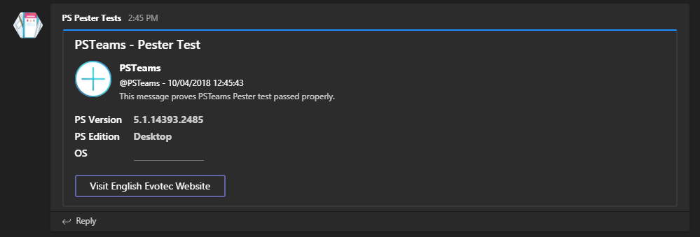 Microsoft Teams notification posted from Azure Pipelines after Windows tests completed