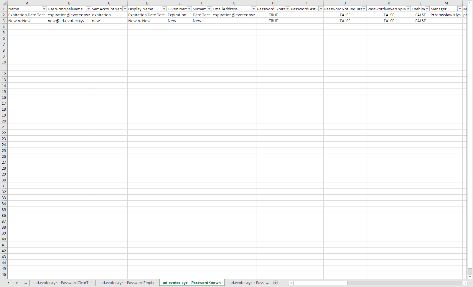 Excel export of PSWinDocumentation known password findings