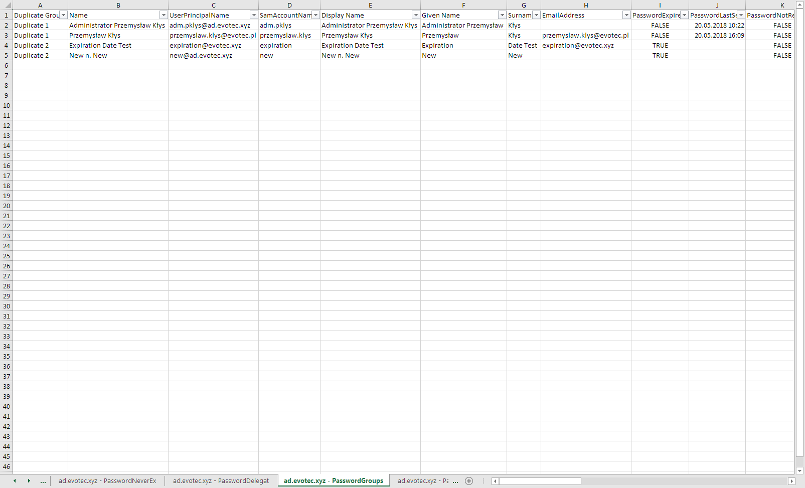 Excel export of PSWinDocumentation duplicate password groups