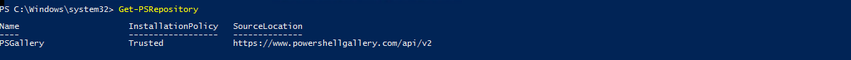 PowerShellGet repository settings showing PSGallery registered as a trusted source