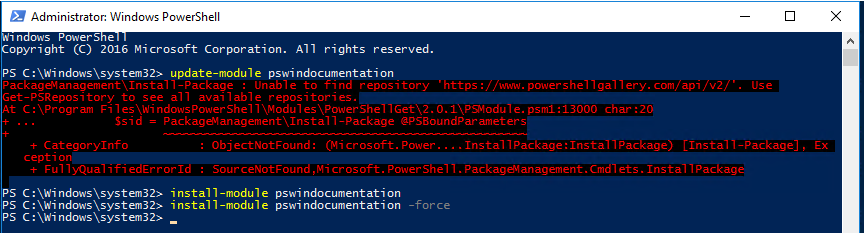 PowerShell console where Install-Module succeeds even though Install-Package cannot find the repository