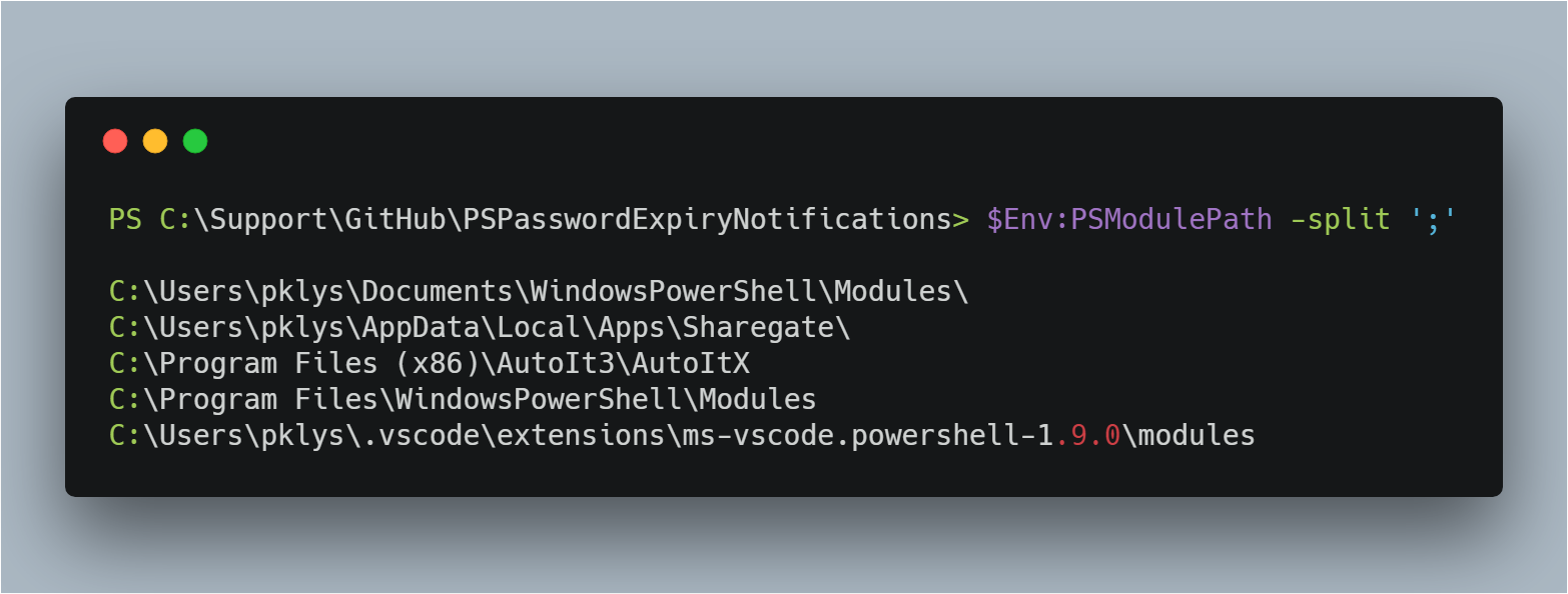PowerShell output showing the missing PSModulePath entry