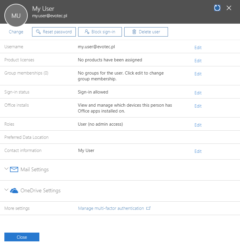 Azure user account updated after delta synchronization so the sign-in name matches the Mail field