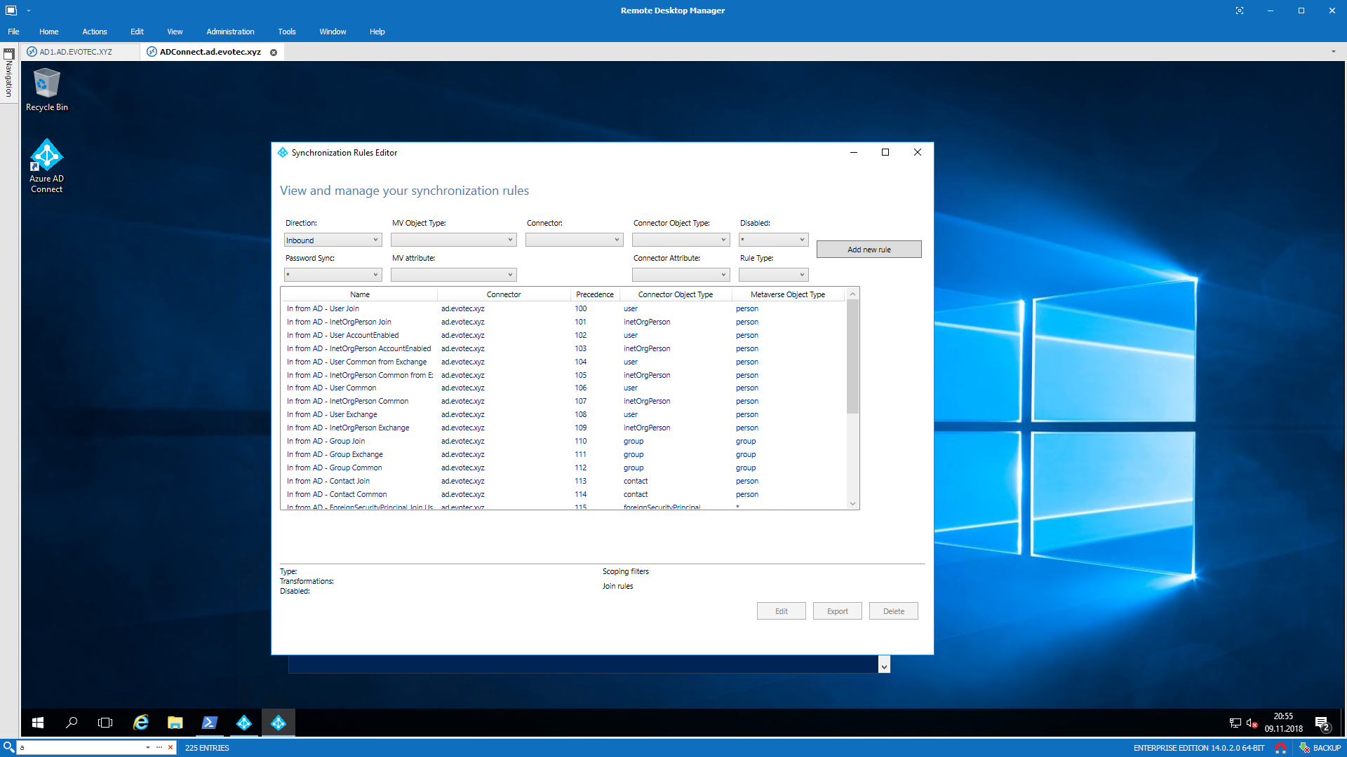 Synchronization Rules Editor listing inbound and outbound synchronization rules in Azure AD Connect