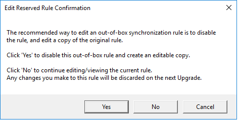 Azure AD Connect prompt asking whether to edit the built-in rule directly or create a cloned rule