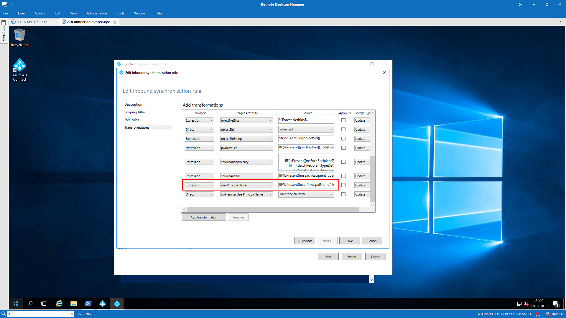 Transformations tab showing the UserPrincipalName target attribute expression in a cloned synchronization rule