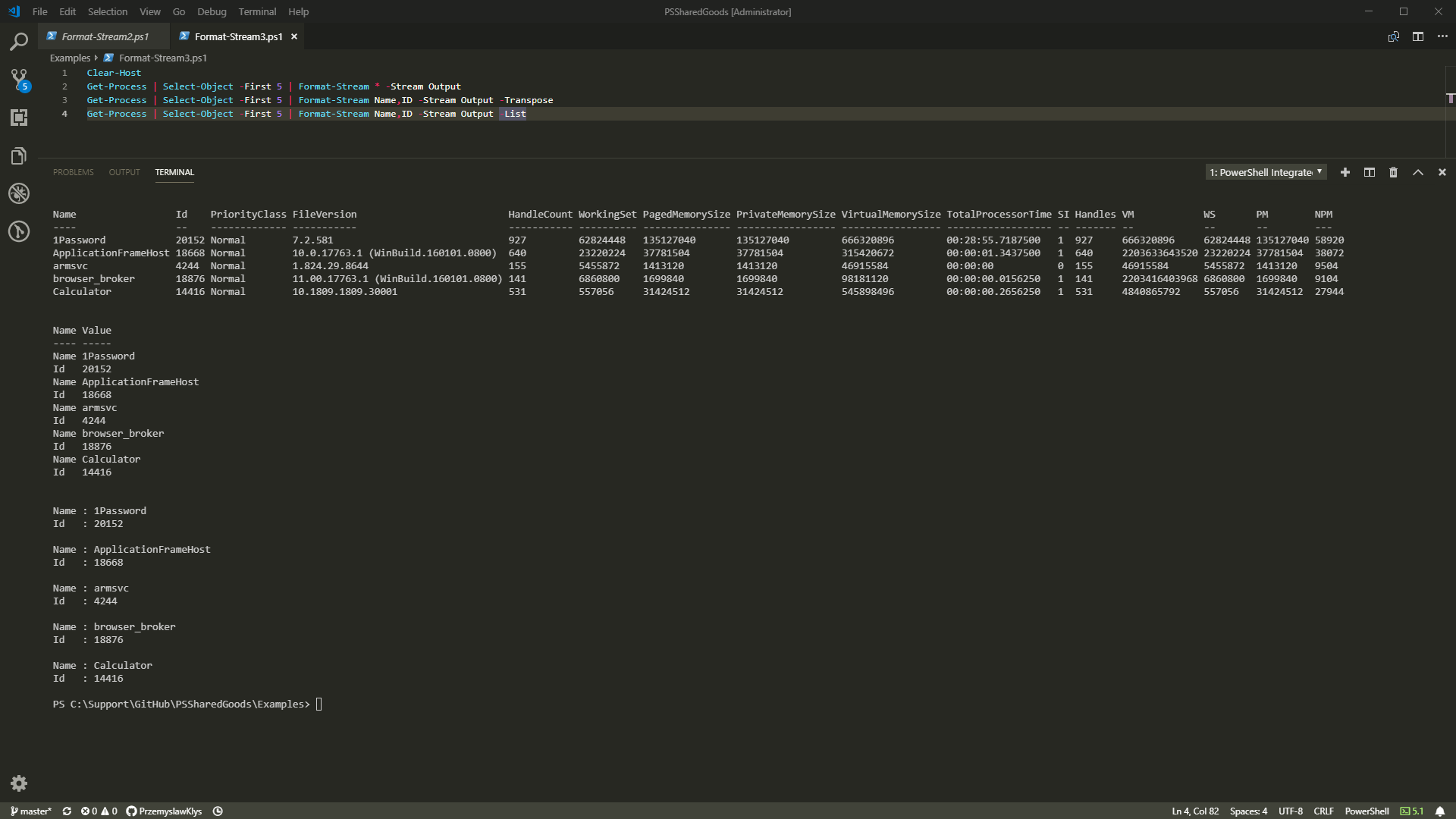 Format-Stream output examples showing process data rendered through the PowerShell Output stream.