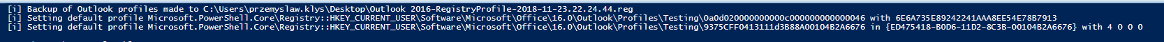 PowerShell output preview for setting an Outlook account as primary