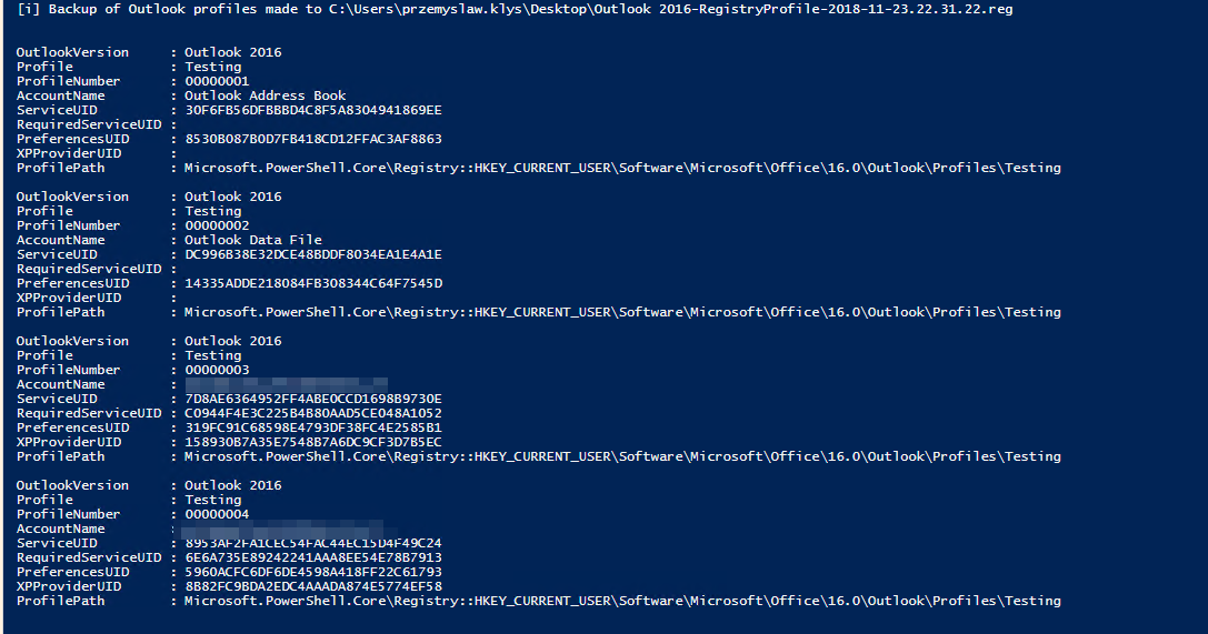 PowerShell debug output showing detected Outlook profiles and accounts