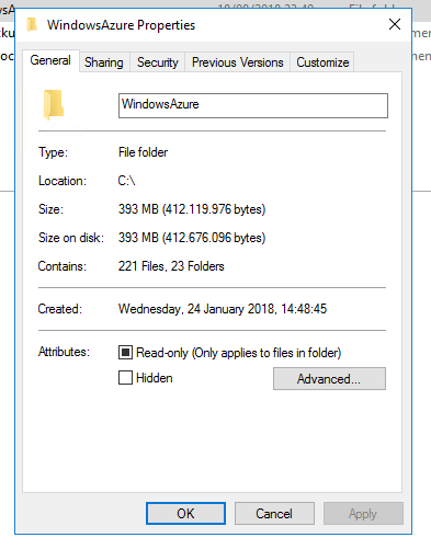 Windows Explorer properties showing only about 393 MB for the same WindowsAzure folder