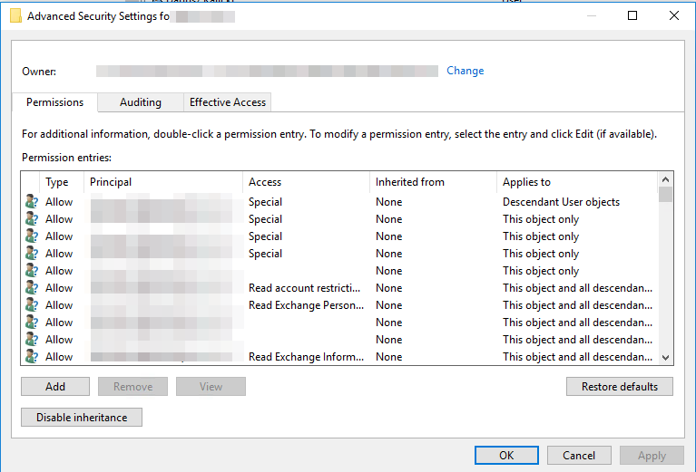 Advanced security settings highlighting inheritance and permission entries for the Azure sync account