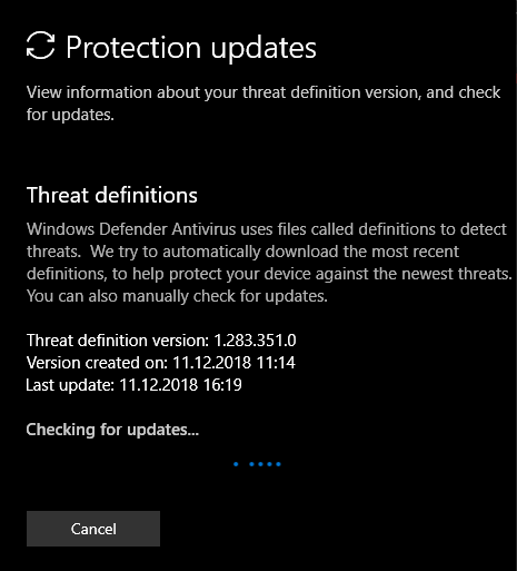 Windows Defender definitions screen showing the installed security intelligence version