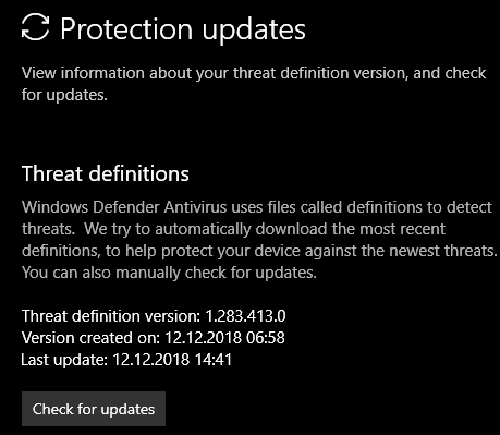 Windows Defender button used to check for updated virus definitions