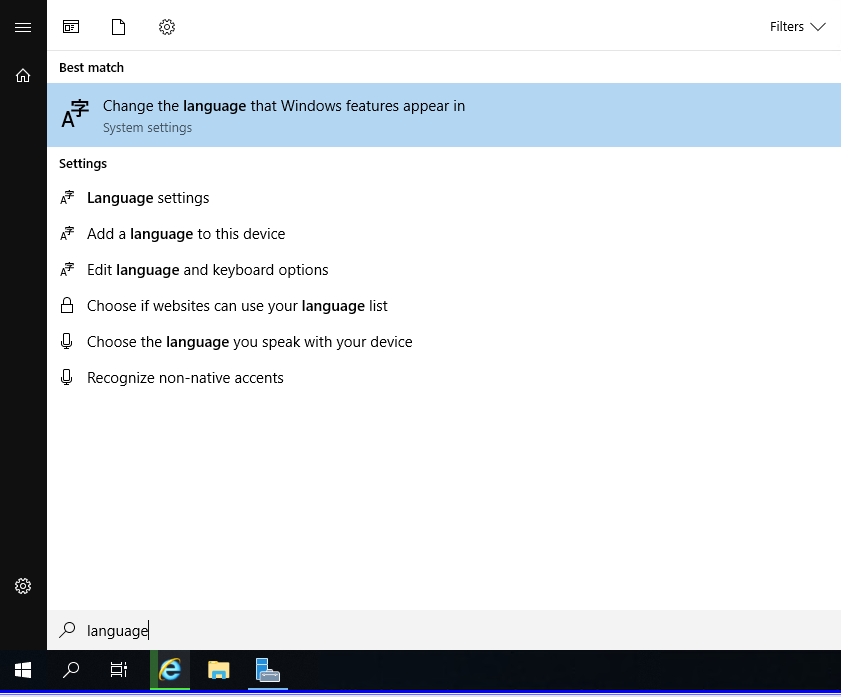 Windows Server 2019 Start menu search showing the language settings shortcut.