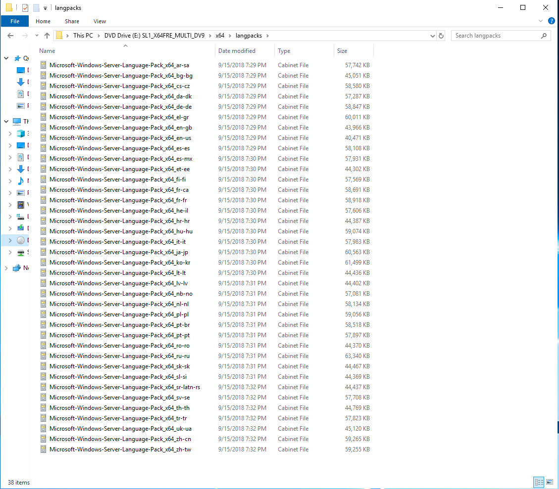 Mounted Windows Server 2019 language pack ISO visible as a DVD drive in File Explorer.