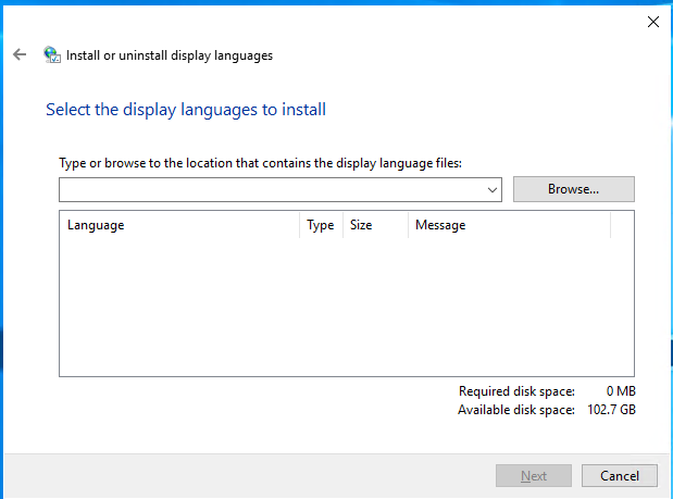Install or Uninstall display languages wizard opened by lpksetup.exe.