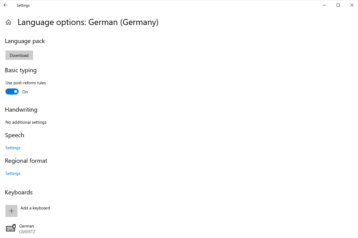 Windows Server 2019 language options page where the Download button does not install the language pack.
