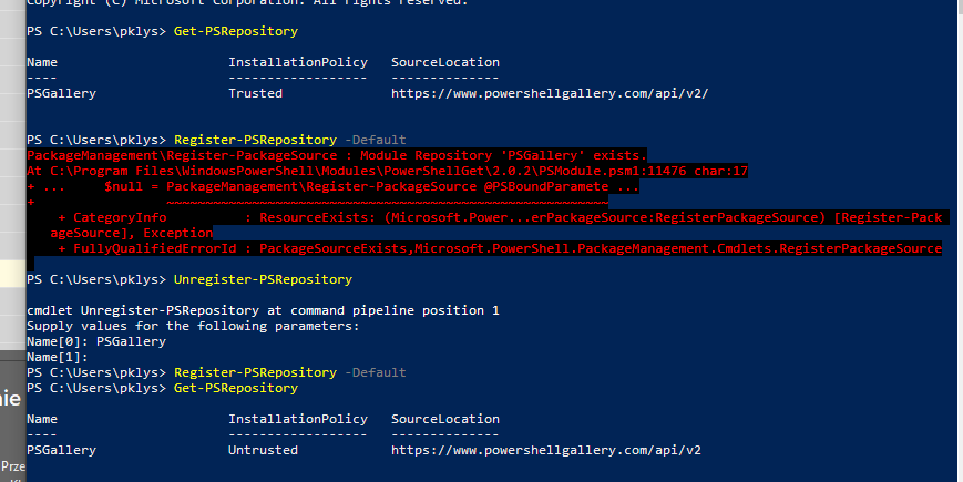 Repository registration example showing the source location losing the trailing slash after re-registering PSGallery