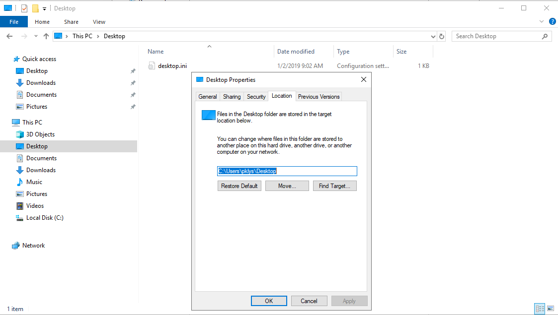 File Explorer check of the Desktop profile path while troubleshooting the Windows Server 2019 issue