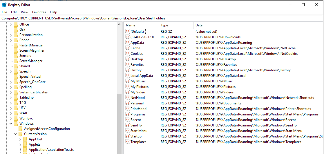 Registry view of User Shell Folders entries used to verify the Desktop path on Windows Server 2019