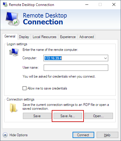 Remote Desktop Connection dialog showing the Save As option for exporting an RDP file
