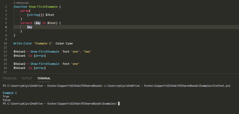PowerShell console showing Show-FirstExample returns an array for two inputs and a single string for one input.