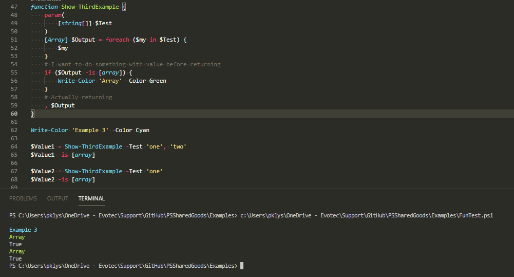 PowerShell console showing the unary comma preserves array type for Show-ThirdExample with one and two inputs.