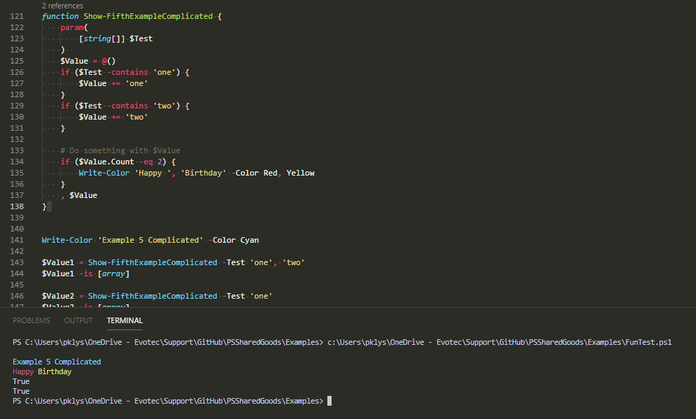 PowerShell console showing Show-FifthExampleComplicated builds the array conditionally and prints Happy Birthday when both items are present.