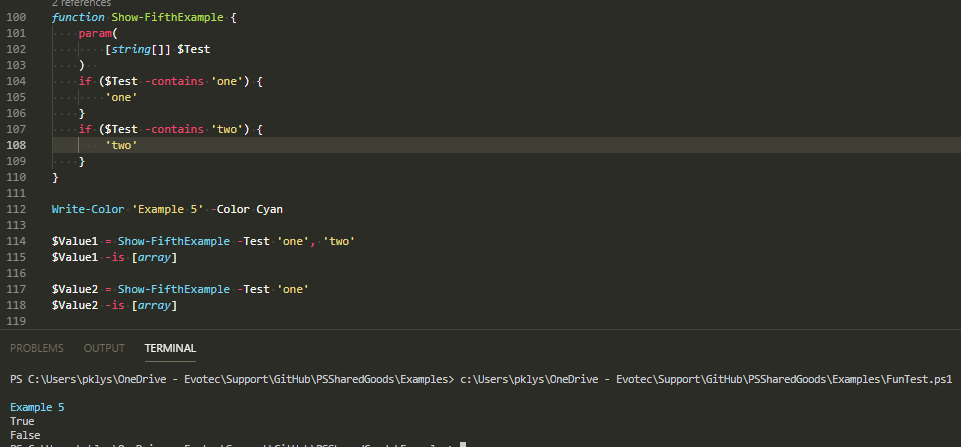 PowerShell console showing Show-FifthExample returns two items for the two-value call and one item for the single-value call.