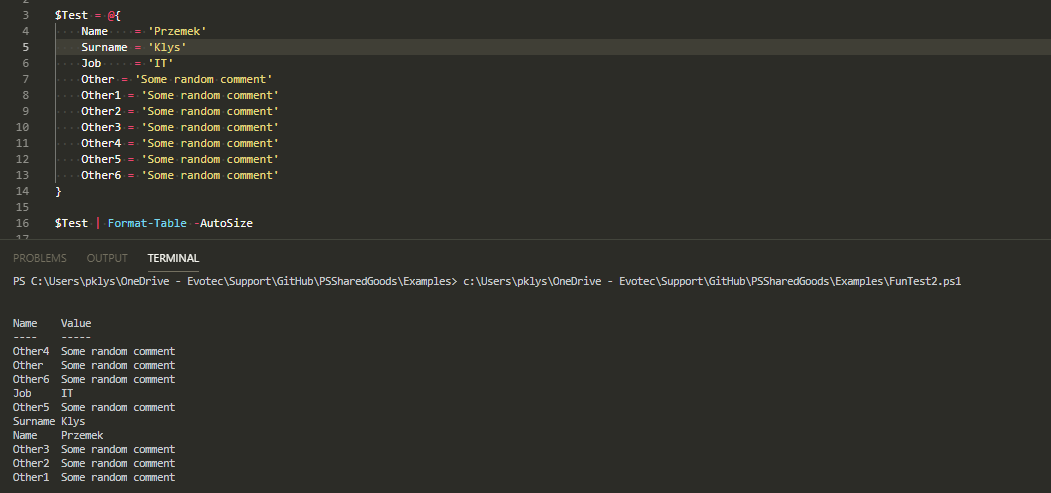 PowerShell table output showing an unordered hashtable does not preserve the original property order.
