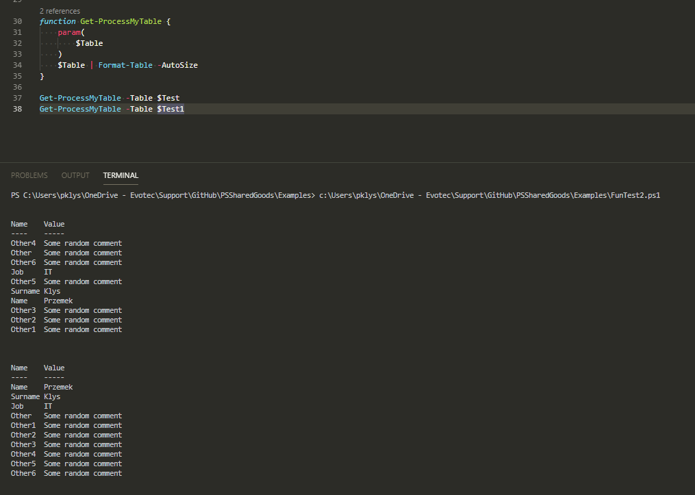 PowerShell console showing Get-ProcessMyTable formats both the unordered hashtable and the ordered dictionary.