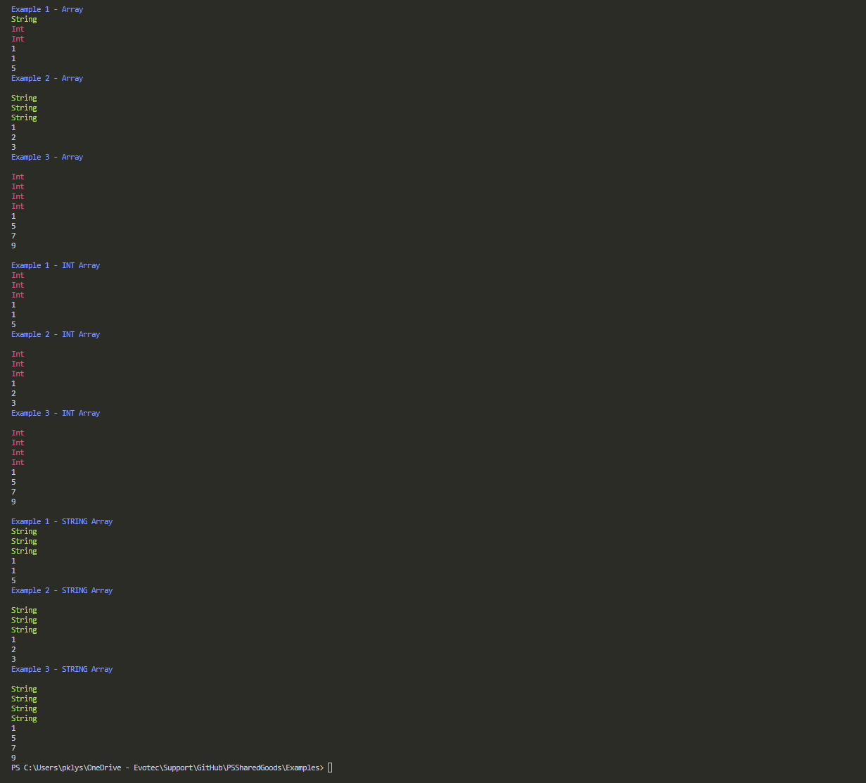 PowerShell console showing mixed, int, and string arrays passed to three typed functions and converted as needed.