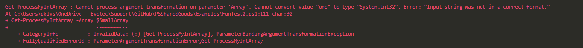 PowerShell error showing a string value cannot be converted to System.Int32 for the typed array parameter.