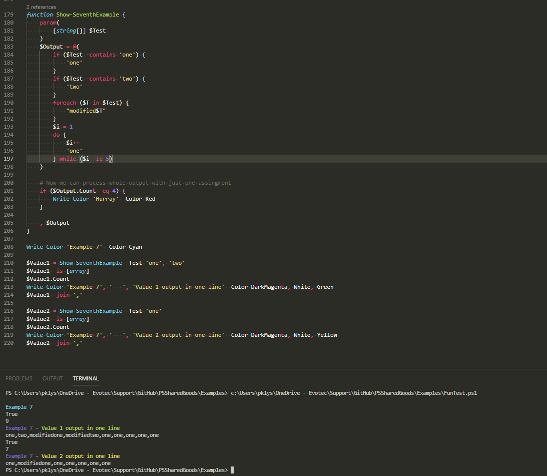 PowerShell console showing Show-SeventhExample outputs the combined array, reports its count, and joins the values into one line.