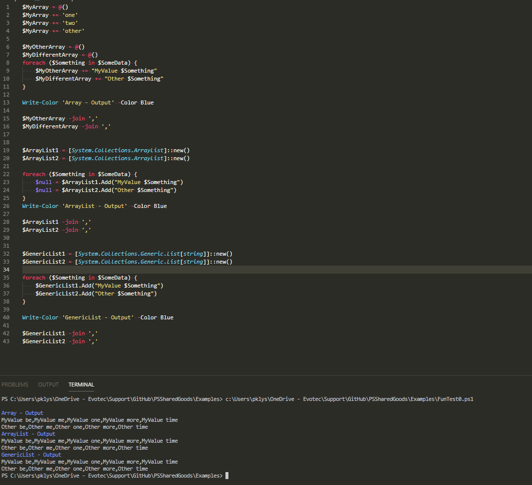 PowerShell console showing Array, ArrayList, and GenericList produce the same joined output from the sample data.