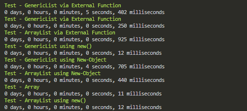 PowerShell benchmark screenshot comparing object creation speed for Array, GenericList, and ArrayList over 10000 iterations.