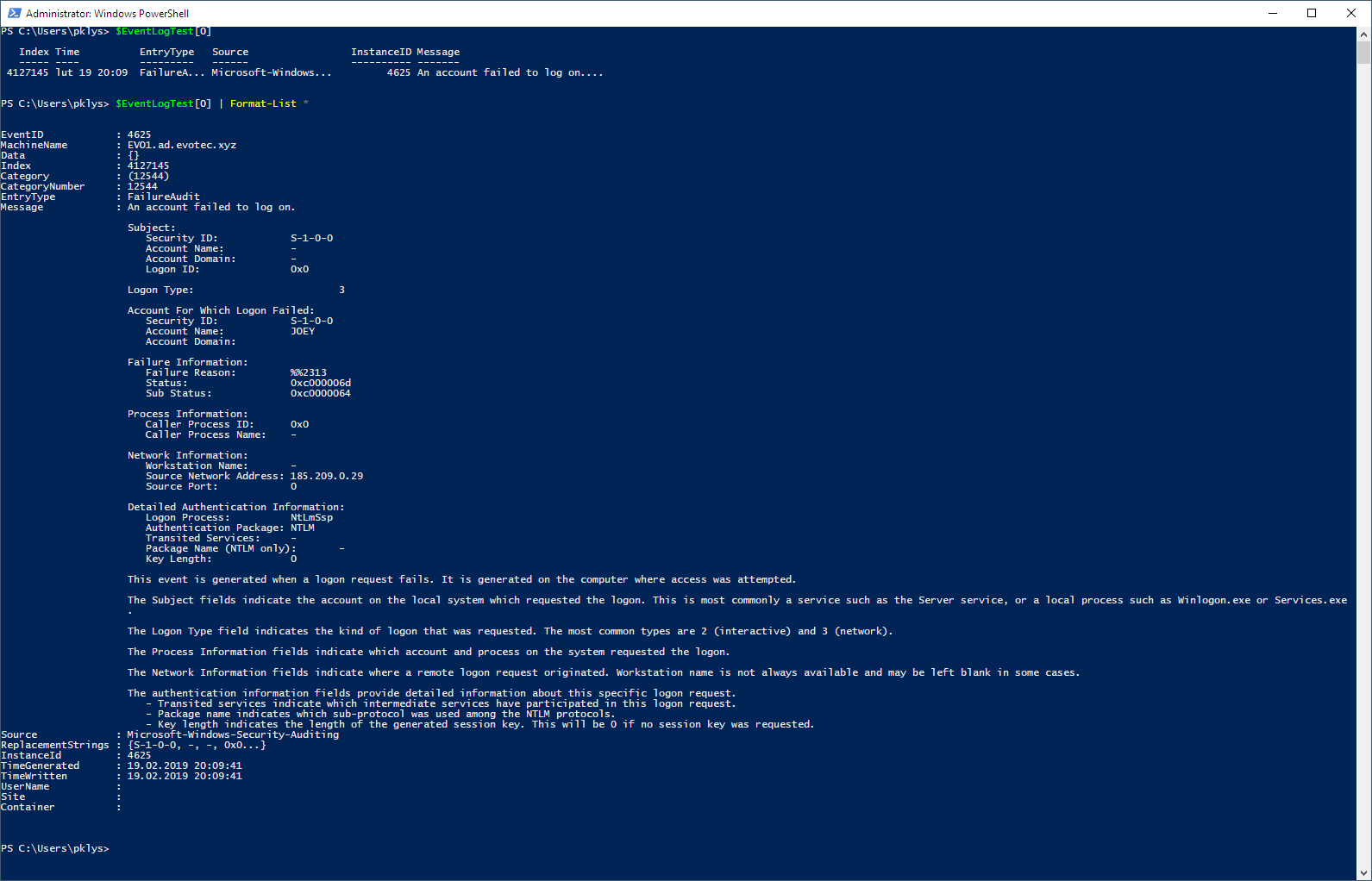 Get-EventLog Output