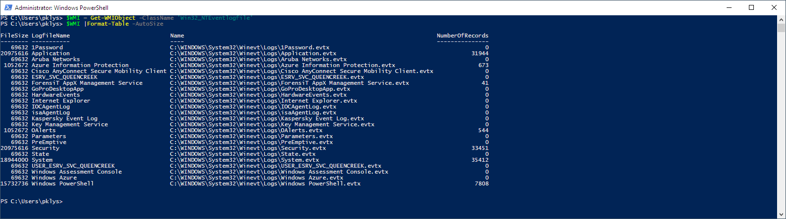 Get-WMIObject -ClassName 'Win32_NTEventlogfile'