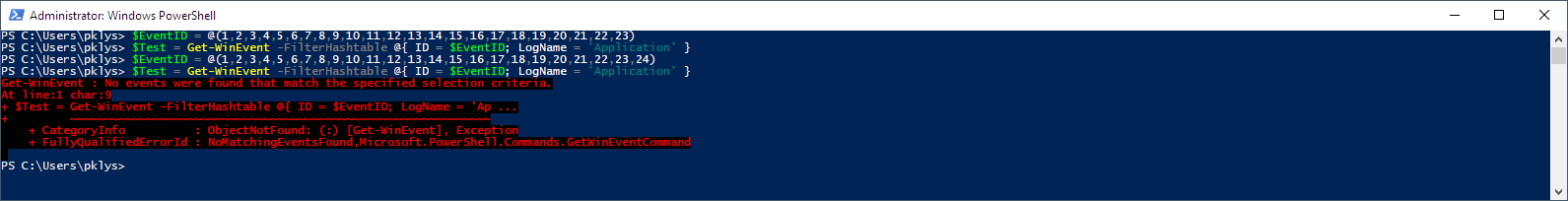 Get-WinEvent example showing that querying more than 23 event IDs can incorrectly return no matching events.